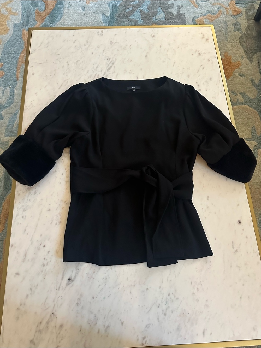 Fate Black faux fur Sleeve Tie-Waist Blouse with side zipper